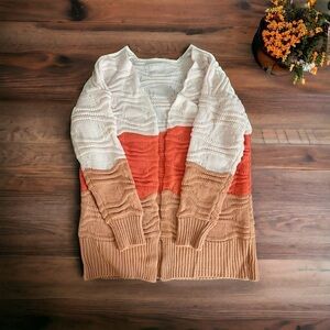 Boutique color block open front knit cardigan sweater coral